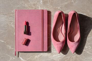 a pink book  lipstick and pink shoes on a marble surface