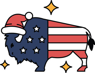 A buffalo with a hat on and stars on its back