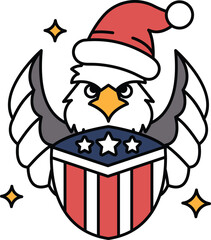 A black and white drawing of an eagle wearing a Santa hat and a star of David