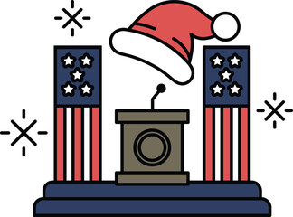A black and white drawing of a microphone and a hat on top of a podium