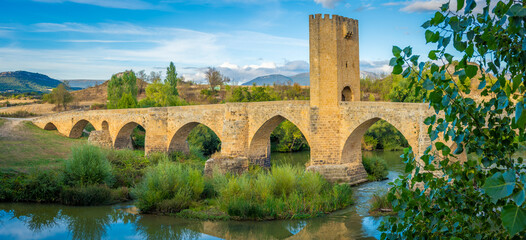 View at Puente medieval de Frias. Medieval bridge near the town, crossing the Ebro river.