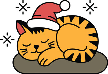 A cat is sleeping on a pillow with a hat on its head