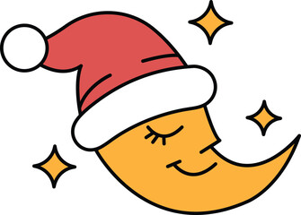 A smiling face with a hat on top of a crescent moon