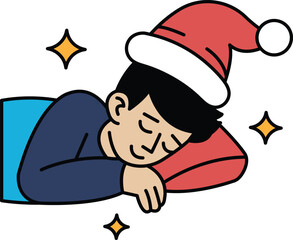 A man is sleeping with a Santa hat on
