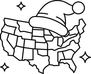A map of the United States with a Santa hat on top