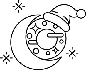 A black and white drawing of a donut with a hat on top and a star on the side