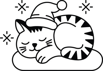 A cat is sleeping on a pillow with a hat on its head