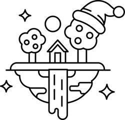 A black and white drawing of a house and trees with a hat on top of it