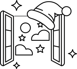 A black and white drawing of a window with a hat on top of it