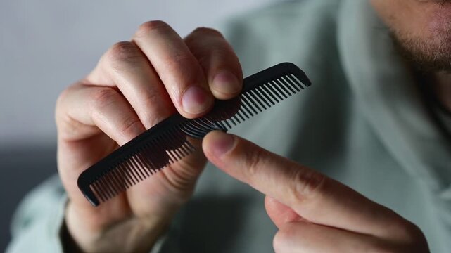 A comb in the hand of a man in a blue sweater