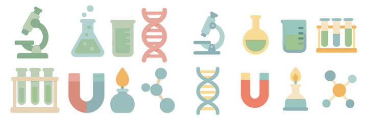 Colorful collection of science icons representing various laboratory tools and experiments in a modern style