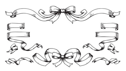 Vintage ribbon border with ornate bows and decorative curves, hand-drawn outline