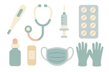 Collection of medical items including thermometer, stethoscope, syringe, and face mask used in healthcare settings