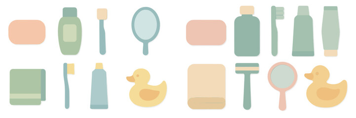 Bright and simple bathroom essentials arranged in a playful layout with colors and shapes
