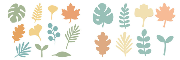 Colorful hand-drawn leaf shapes in warm and cool tones create a cheerful nature-inspired design