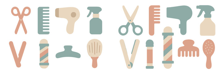 Colorful set of hair salon tools arranged neatly on a white background, showcasing various implements for hairstyling and grooming