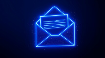 Blue neon email envelope icon illustration, newsletter marketing, digital communication concept design