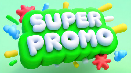 A vibrant 3D rendering of 'Super Promo' text, set against a textured green backdrop, perfect for promotional materials.