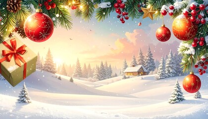 Winter Wonderland Christmas Scene with Ornaments and Snow-Covered Landscape.