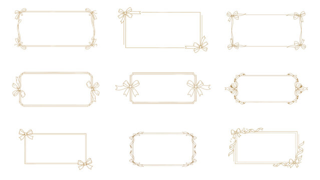 Luxury gold rectangle wedding ribbon frame set with refined bows, thin line art_wedding invite, menus, certificates, boutiques and spa
