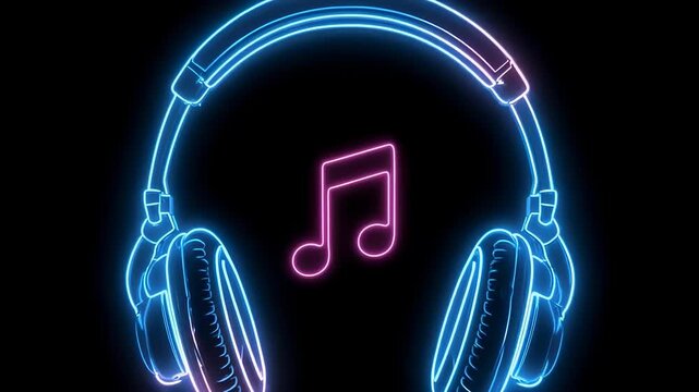 Blue and pink neon headphones surrounding a musical note on a black background