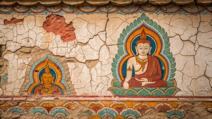 Fototapeta premium Nepal architecture detail Ancient wall mural depicting Buddha figures in vibrant colors and cracked texture.