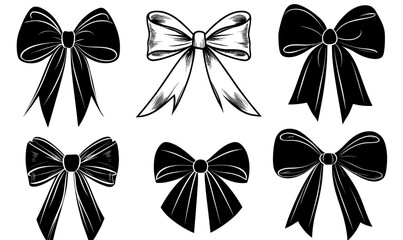 Collection of six black and white hand-drawn style bow illustrations with ribbons in flat minimalist vector design for decoration and gift wrap concepts