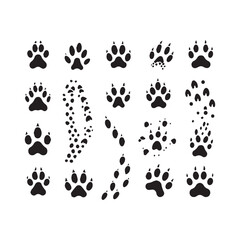 Grid of animal paw prints and track patterns in black on a white background animal tracks footprint