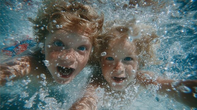 Underwater siblings adventure two cute kids smiling beneath the water surface in a swimming pool