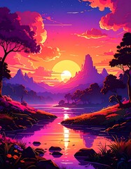 Vibrant sunset over a tranquil valley