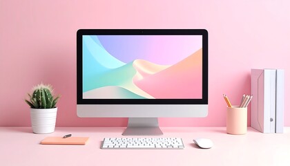 Pink desk with computer and accessories.  Pastel aesthetic