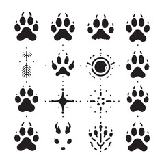 Fototapeta premium Grid of Black Animal Paw Prints and Geometric Starburst Symbols on a White Background animal track