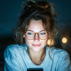 Young woman wearing glasses looks at her phone, illuminated by soft evening light.

