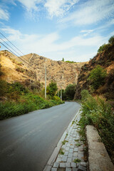 Golden hills rise behind lush green trees along a quiet road in early autumn. A peaceful and vibrant natural scene captured on a sunny day.