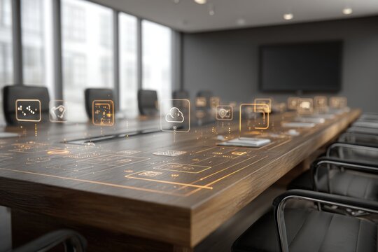 Virtual interfaces enhancing communication and collaboration in a modern conference room setting