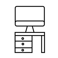 Desktop Computer and Office Desk Line Art Icon - Workstation Vector


