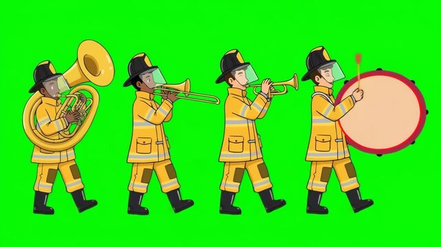 A street firefighter band marches at a carnival. cartoon style, isolated on green screen, chroma key, footage, mockup, loop.	