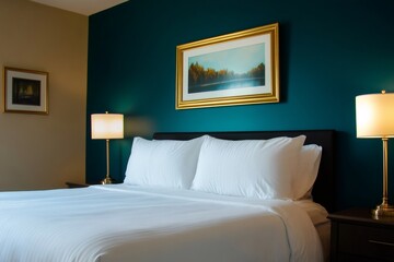 Modern bedroom interior featuring a comfortable bed with crisp white linens, lamps, and framed artwork on a teal accent wall