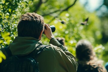 Man holding binoculars watching birds in nature. Back view of a person enjoying birdwatching as a hobby and outdoor activity