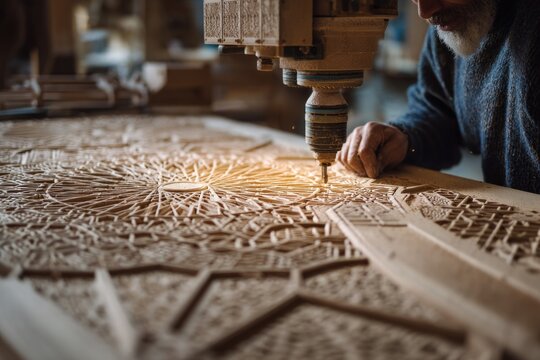 Crafting intricate wood designs in a workshop during daylight hours