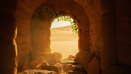 Empty tomb with light shining through the entrance