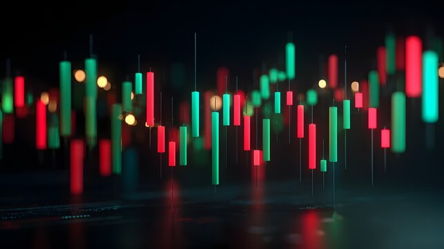Abstract visual representation of financial markets shows upward and downward price movement with neon green and red color candlesticks against a blurred bokeh background.