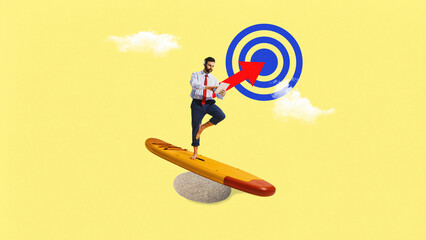 Collage art. Businessman balancing on surfboard with tablet and red arrow hitting target on yellow background. Concept of achieving goals, marketing focus, leadership, and performance success.