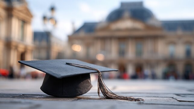 Graduation cap on cobblestone street near historic building during sunset