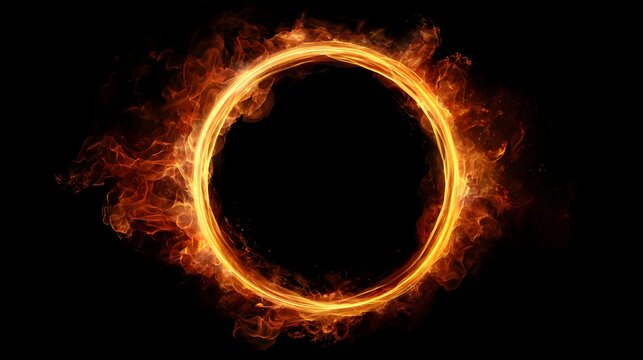 Intricate swirling flames encircle a central void against a stark black background, forming a vibrant, glowing fiery ring.