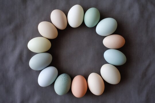 Farm fresh eggs presenting an appealing natural palette. Different colored eggs creating a circular border on gray fabric - Powered by Adobe