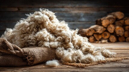 Natural wool fiber heap on burlap sack with stacked wooden logs in the background during indoor daylight