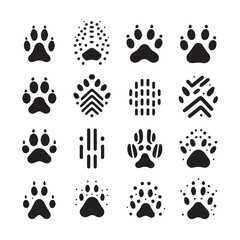 Grid of sixteen black animal paw print icons and abstract textured imprints on a white background