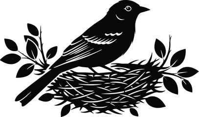 Bird on a branch simple vector illustration of a black bird silhouette in nature