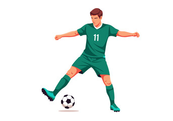 Young Male Soccer Player in Green Uniform with Number 11 on Shirt, Kicking a Soccer Ball on a White Background